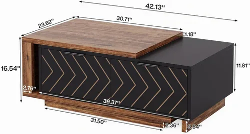 Vista 2 de Tribesigns - Mesa de café extensible con 2 cajones de almacenamiento, mesa central de dos tonos con tablero deslizante, mesa de cóctel rectangular
