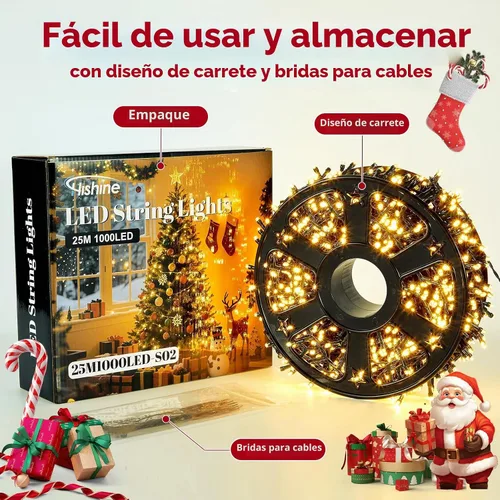 Vista 5 de Hishine Luces de Navidad de 82 pies, 1000 luces LED, cadena de luces para interiores y exteriores, 8 modos, impermeable, enchufable, luz de árbol