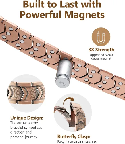 Vista 6 de Feraco Pulsera de cobre para hombre 3 veces más fuerza, 2 pulseras de terapia magnética de cobre con potentes imanes de 3800 Gauss, cierre plegable
