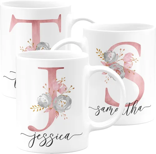 Vista 9 de Taza de café personalizada, regalo para mujeres, taza de café personalizada con nombre e inicial, 11 onzas, rosa, taza de cerámica personalizada