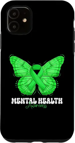 Vista 5 de Funda de mariposa con cinta verde para iPhone 15 Mental Health Awareness Month