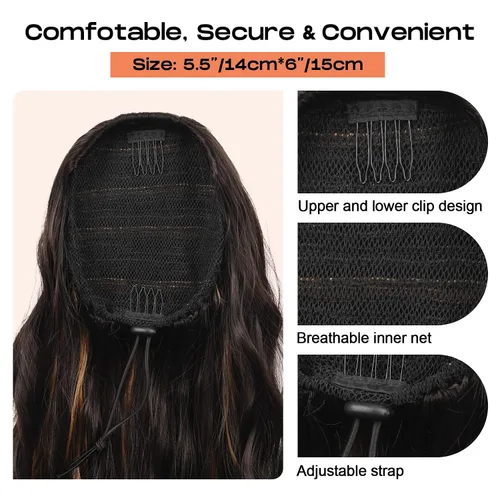 Vista 4 de SEIKEA PT003 - Extensión de cola de caballo de 26 pulgadas, cola de caballo larga con cordón, extensiones de cabello ondulado con clip, extensiones