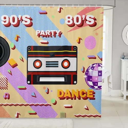 Vista 16 de Cortina de ducha retro de los años 90 para niños, 72 pulgadas de ancho x 72 pulgadas de largo, cinta de cassette geométrica Memphis, cortina