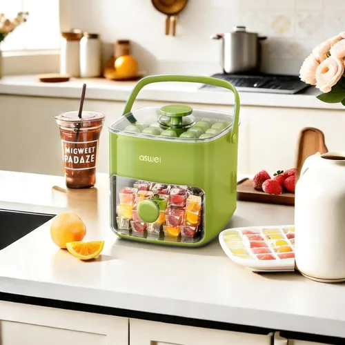 Vista 4 de Bandeja compacta para cubitos de hielo con tapa y contenedor, mini máquina de cubitos de hielo tipo prensa para congelador, cubo de hielo pequeño