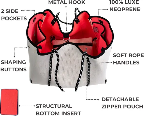 Vista 4 de POPUPS Bolso grande de neopreno para mujer - Bolso de mano de diseñador para todos los días, para el trabajo, la playa y viajes con bolsillos