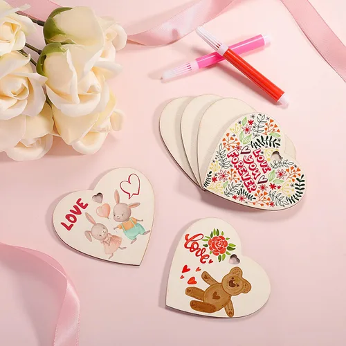 Vista 3 de 60 piezas de corazón de madera natural de 3 pulgadas para manualidades, rebanada de madera sin terminar, adornos de corazón de madera preperforados