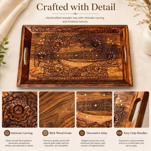 Vista 5 de Bandeja decorativa hecha a mano elegante de madera, bandeja rústica de granja, bandeja grande para servir de 20 x 12 pulgadas, bandeja de mesa