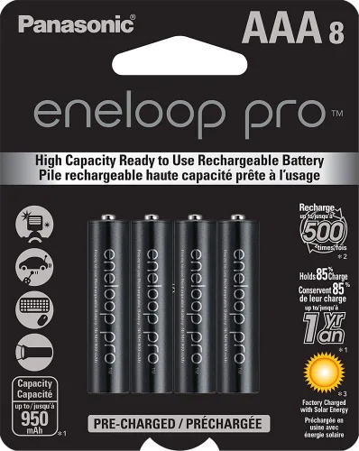 Vista 2 de Panasonic BK-4HCCA8BA Eneloop pro AAA Baterías recargables precargadas Ni-MH de alta capacidad, paquete de 8 y baterías recargables precargadas