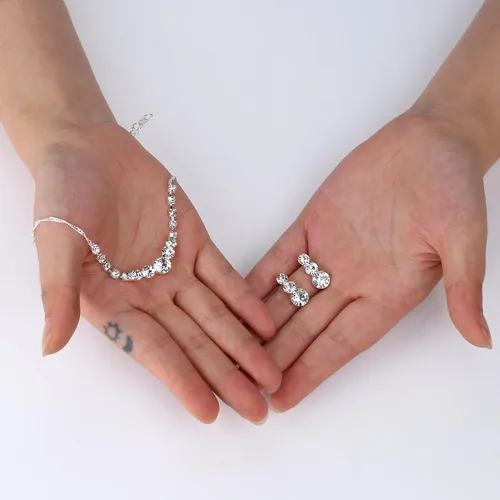 Vista 6 de Jstyle Juego de joyas de plata para novia, collar de diamantes de imitación, pulsera y aretes colgantes para novia, dama de honor, lágrima, colgante