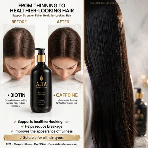 Vista 3 de All Goods Alta Strengthening Biotin + Caffeine Shampoo 10oz – DHT Blocker Formula para la pérdida y adelgazamiento del cabello – Champú espesante