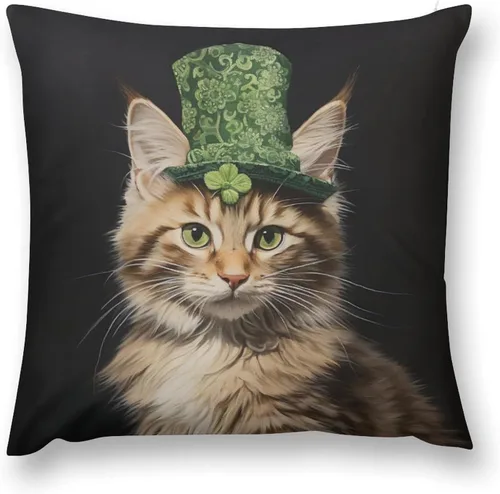 Vista 2 de Fundas de almohada de granja con diseño de feliz día de San Patricio con un gato en un sombrero de trébol, fundas de almohada de terciopelo