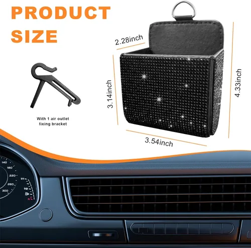 Vista 2 de Dickno Organizador de Coche, Bolsillo de Cuero con Diamantes de Imitación para Rejilla de Ventilación, Caja Automotriz Brillante con Gancho, Soporte