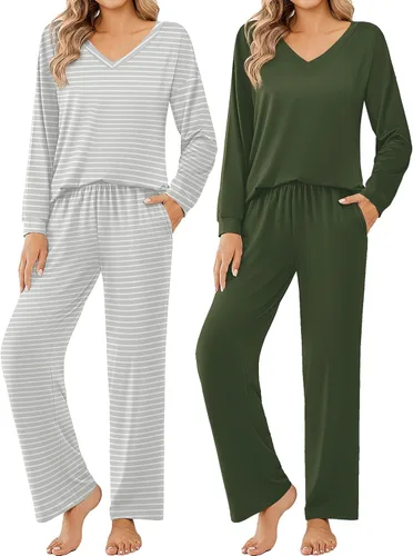 Vista 16 de Ekouaer Conjunto de 2 pijamas para mujer, pijamas de manga larga con camiseta y pantalones, cuello en V, pijamas suaves con bolsillos, ropa