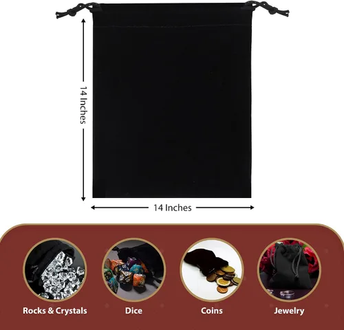 Vista 3 de Mandala Crafts Bolsas de terciopelo negro con cordón de 14 x 14 pulgadas, 10 bolsas grandes de terciopelo con cordón a granel para regalos de fiesta