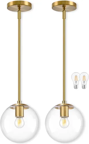 Vista 11 de Bagood Paquete de 2 lámparas colgantes de globo de 6 pulgadas, color dorado, luces colgantes de globo de mediados de siglo, luces colgantes de globo