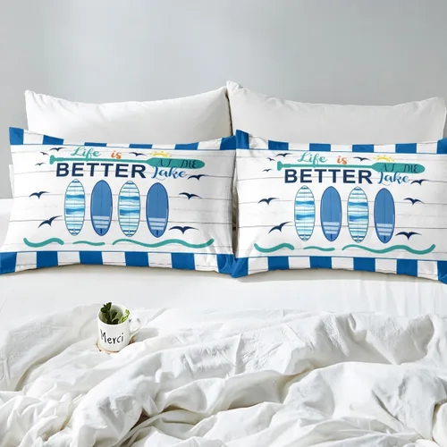 Vista 5 de Erosebridal Funda de edredón náutica para niños y niñas, juego de ropa de cama azul y blanco oceánico, funda de edredón de tabla de surf Hawaii