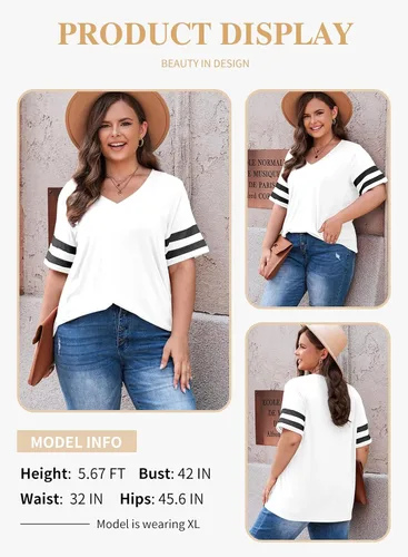 Vista 96 de Eytino Blusas de talla grande para mujer, cuello en V, manga corta, a rayas, casual, holgada, con bolsillo (1X-5X)
