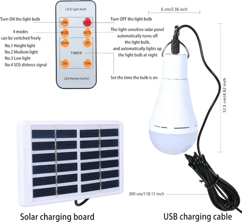 Vista 2 de Bombillas solares recargables con temporizador remoto, 4 modos de iluminación solar para interiores y exteriores, gallinero, huracán, iluminación