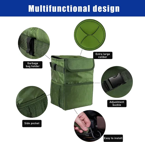 Vista 4 de Kewucn Basurero para automóvil con tapa, mini bote de basura impermeable, organizador de vehículos a prueba de fugas y bolsillos de almacenamiento