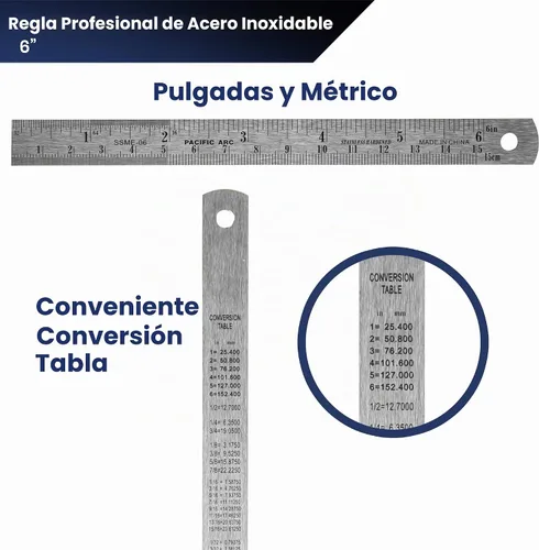 Vista 5 de Pacific Arc Regla de acero inoxidable de 6 pulgadas con mesa de conversión métrica/pulgadas, paquete de 2
