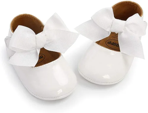 Vista 4 de Meckior - Zapatos bajos y livianos para bebés estilo Mary Jane con suela suave y lazo decorativo para vestidos de princesa o bodas para niñas que