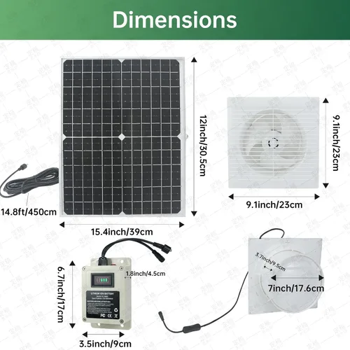 Vista 3 de Extractor de energía solar con batería, panel solar impermeable de 25 W, ventilador de ventilación de 8 pulgadas, ventilador solar para invernadero