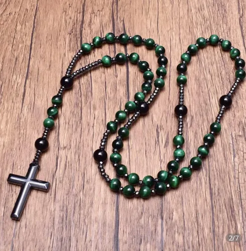 Vista 2 de Collar con colgante de cruz de ojo de tigre y hematita para hombres y mujeres, colgante de cruz de rosario de Cristo católico EM4H4 (07)