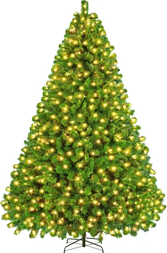 Vista 25 de Yaheetech - Árbol artificial de Navidad preiluminado de 9 pies con luces incandescentes de color blanco cálido, árbol de Navidad con flecos de Verde