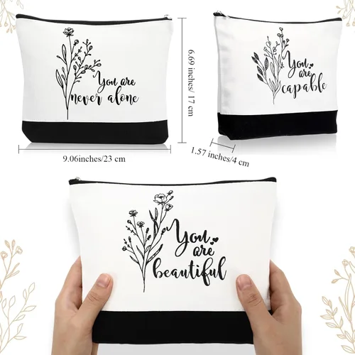 Vista 2 de Coume 10 Piezas Bolsas de Maquillaje de Lona de Flores Bohemias al Por Mayor, Bolsas de Cosméticos con Citas Inspiradoras Estéticas en Blanco