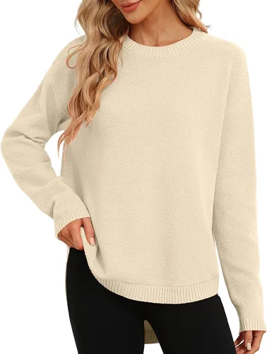 Vista 2 de DB MOON Suéter de Punto de Manga Larga con Cuello Redondo para Mujer 2025 Ajuste Holgado Suave Sólido Pullover Beige