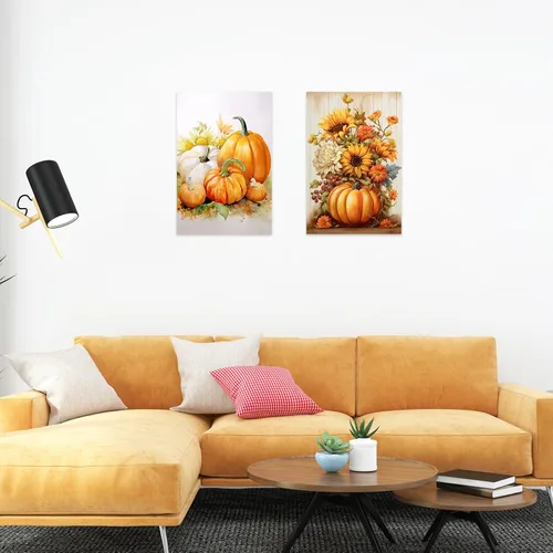 Vista 5 de DOARTDO Arte de pared de otoño, imágenes de otoño, decoración de pared, girasoles y calabazas, impresiones en lienzo de cocina, Acción de Gracias