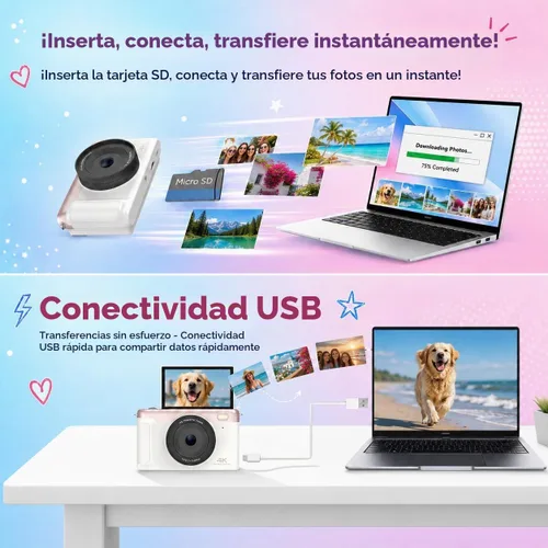 Vista 5 de 4K Digital Camera Vlogging Camera for Travel Point and Shoot 75MP Photo Resolution, 4K 30FPS Video, 3-Inch Flip IPS Screen, 2500mAh Battery, 32GB