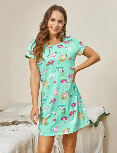 Vista 3 de PNAEONG - Camisón de algodón para mujer, de manga corta y con estampado, ropa de dormir informal