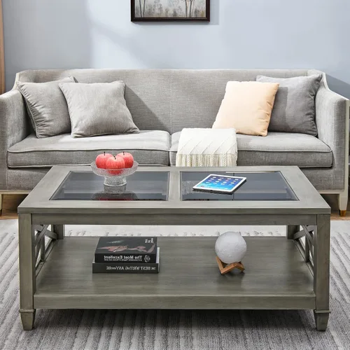 Vista 9 de LEEMTORIG KFZ-1318-AN - Mesa de centro de madera maciza de cristal con almacenamiento, mesa de centro de madera rústica para sala de estar