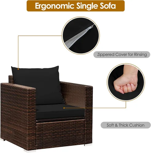 Vista 4 de RELAX4LIFE Juego de sofá de mimbre de 3 piezas, juego de sofá de ratán para patio al aire libre con cojines lavables y mesa de centro de vidrio