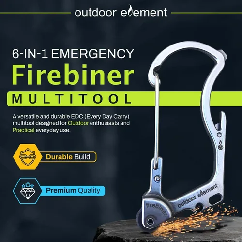 Vista 2 de OUTDOOR ELEMENT Firebiner 6-en-1 - Mosquetón Iniciador de Fuego EDC Multiherramienta de Emergencia - Llavero, Cuchilla Utilitaria, Abrebotellas y Más