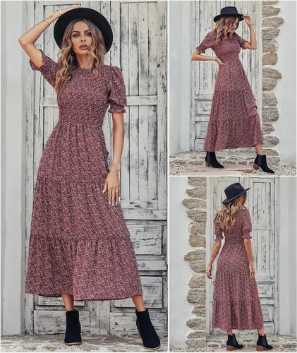 Vista 4 de BTFBM Vestidos para mujer, cuello redondo, casual, de verano, con volantes, manga corta, bohemio, con niveles, fruncido, largo, con estampado floral