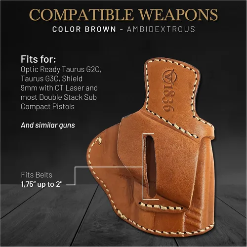 Vista 2 de OWB - Funda de piel con cinturón ambidiestro, funda universal OWB. Se adapta a pistolas subcompactas de 0.354 in, funda de cuero Taurus G2C/G3C.
