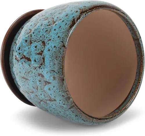 Vista 2 de Napco Maceta de cerámica esmaltada moteada marrón para plantas de interior con platillo, 4.5 pulgadas, verde azulado y negro