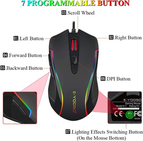 Vista 3 de E-YOOSO Ratón para juegos con cable RGB retroiluminado 6 botones programables con grabación macro, 6400 DPI ajustable, ratón ergonómico
