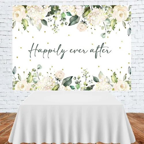 Vista 3 de Lofaris Telón de fondo para boda, flores blancas, hojas verdes, puntos dorados, fondo de fotografía, despedida de soltera, boda, fiesta, pancarta