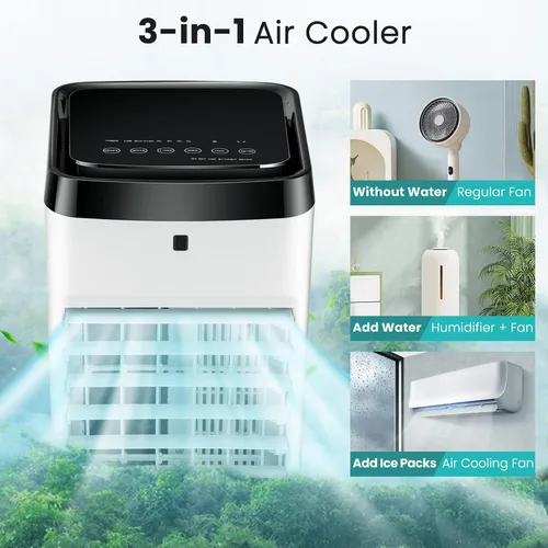 Vista 2 de GOFLAME Enfriador de aire evaporativo portátil, ventilador humidificador 3 en 1 con control remoto, tanque de agua de 3.5 L, 2 paquetes de hielo, 4