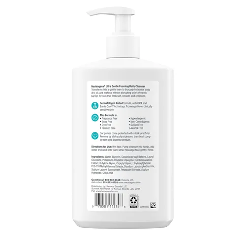 Vista 9 de Neutrogena Limpiador facial espumoso ultra suave, lavado facial hidratante sin fragancia para pieles sensibles, removedor de maquillaje diario sin