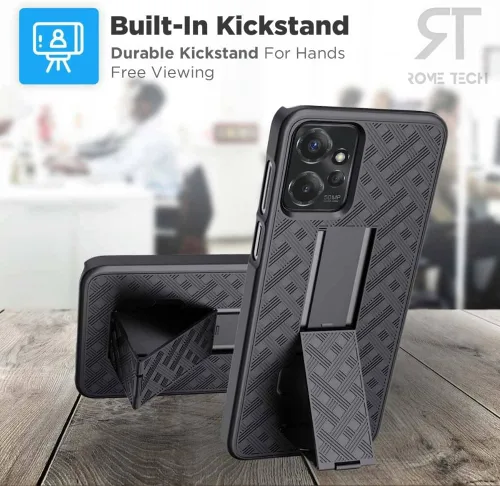 Vista 5 de Funda diseñada para Motorola G Power 5G (2023) con funda de clip para cinturón, funda con función atril, color negro