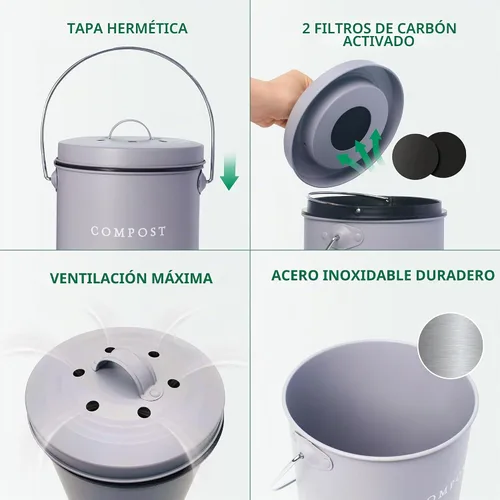 Vista 5 de FINESSY - Contenedor de compostaje para encimera con tapa, pequeño, compostador de cocina para interiores Gris nórdico.
