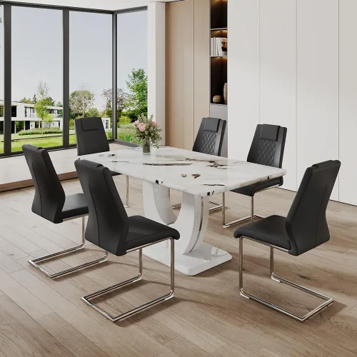 Vista 17 de JUFU Juego de mesa de comedor moderno para 4, juego de mesa de cocina rectangular de 63 pulgadas con mesa de mármol sintético y 4 sillas tapizadas