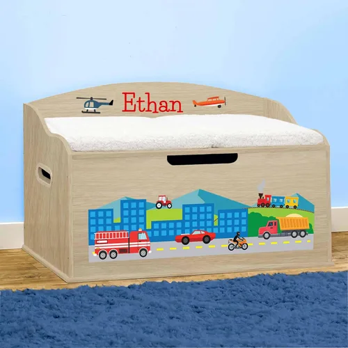 Vista 7 de DIBSIES Caja de juguetes personalizada Creative Wonders, automóviles, camiones, aviones y trenes, 30 x 19.25 x 18 pulgadas, tapa de cierre suave Azul