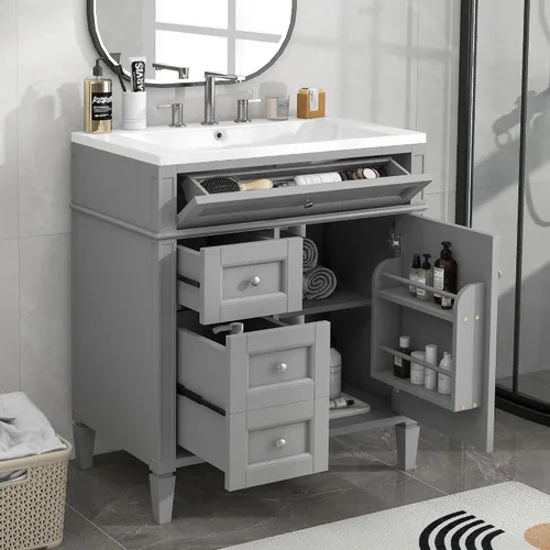 Vista 36 de Tocador de baño multifuncional de 30 pulgadas con lavabo individual, armario combinado de montaje inferior, marco de gabinete de baño de madera
