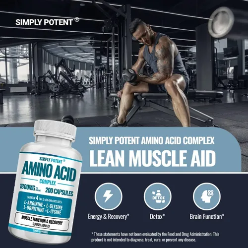 Vista 6 de Simply Potent Complejo de aminoácidos 1800 mg 200 cápsulas, mezcla de 4 aminoácidos esenciales y no esenciales, incluye L-arginina 550 mg