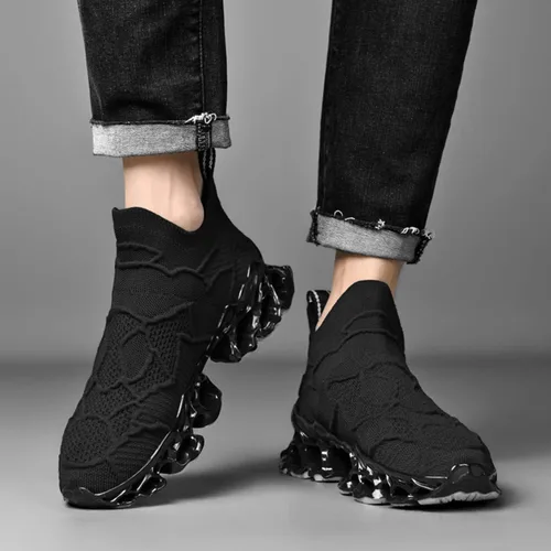 Vista 8 de Poramea Mocasines sin cordones para hombre zapatos de tenis para caminar sin cordones para correr de malla para correr estilo casual atlético Negro